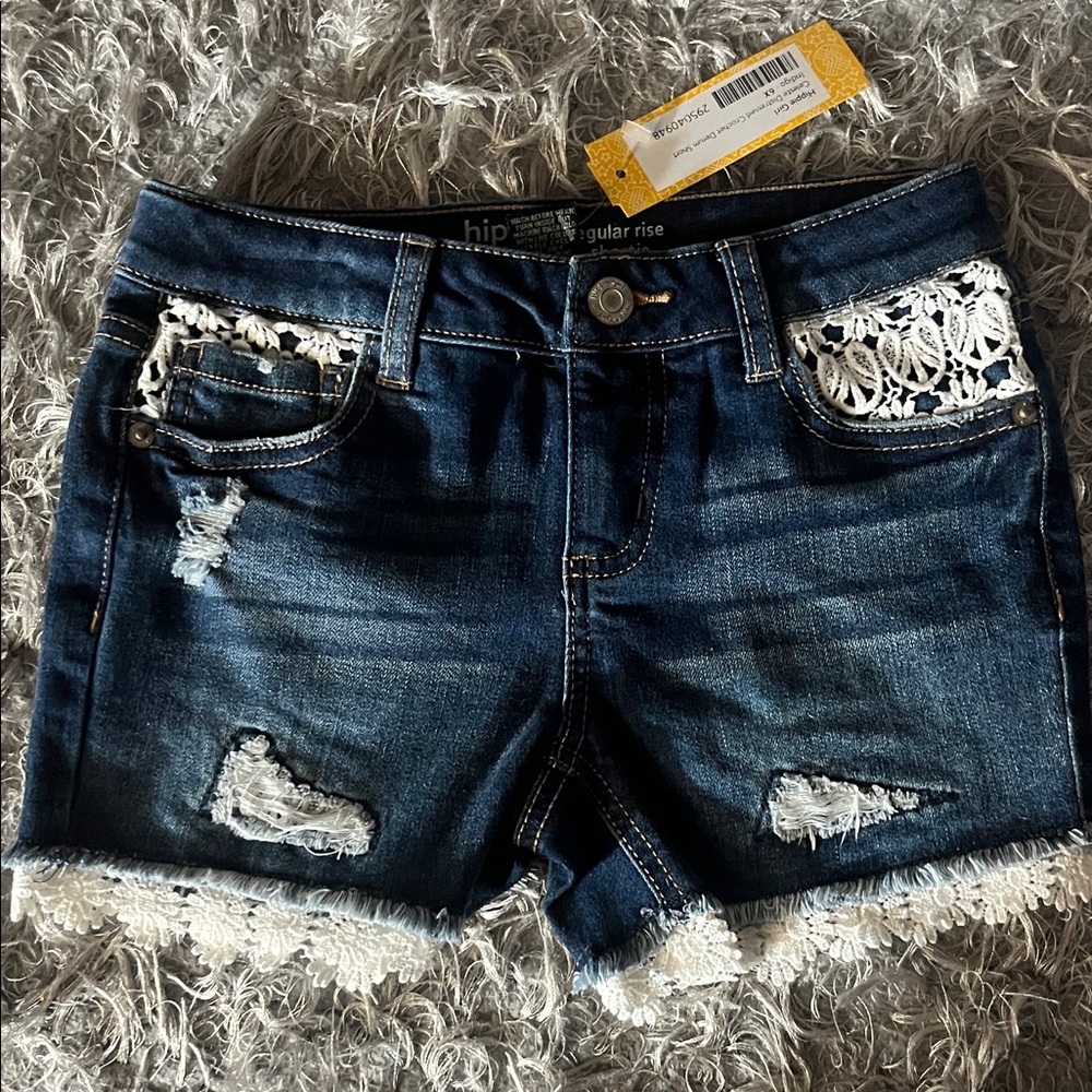 H.I.P. Navy Denim Shorts with Lace Trim